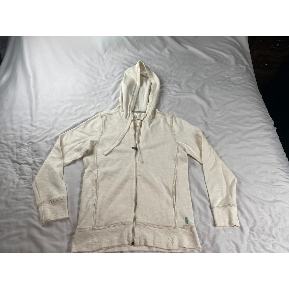 Tommy Bahama Womens Small Cream Slub Knit Full Zip Hoodie Pineapple Logo Jacket